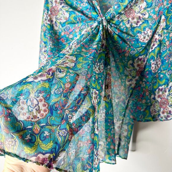 BISOU BISOU Top Women M Teal Blue Floral Sheer Flowy Babydoll V-neck Blouse NWOT - Picture 3 of 7